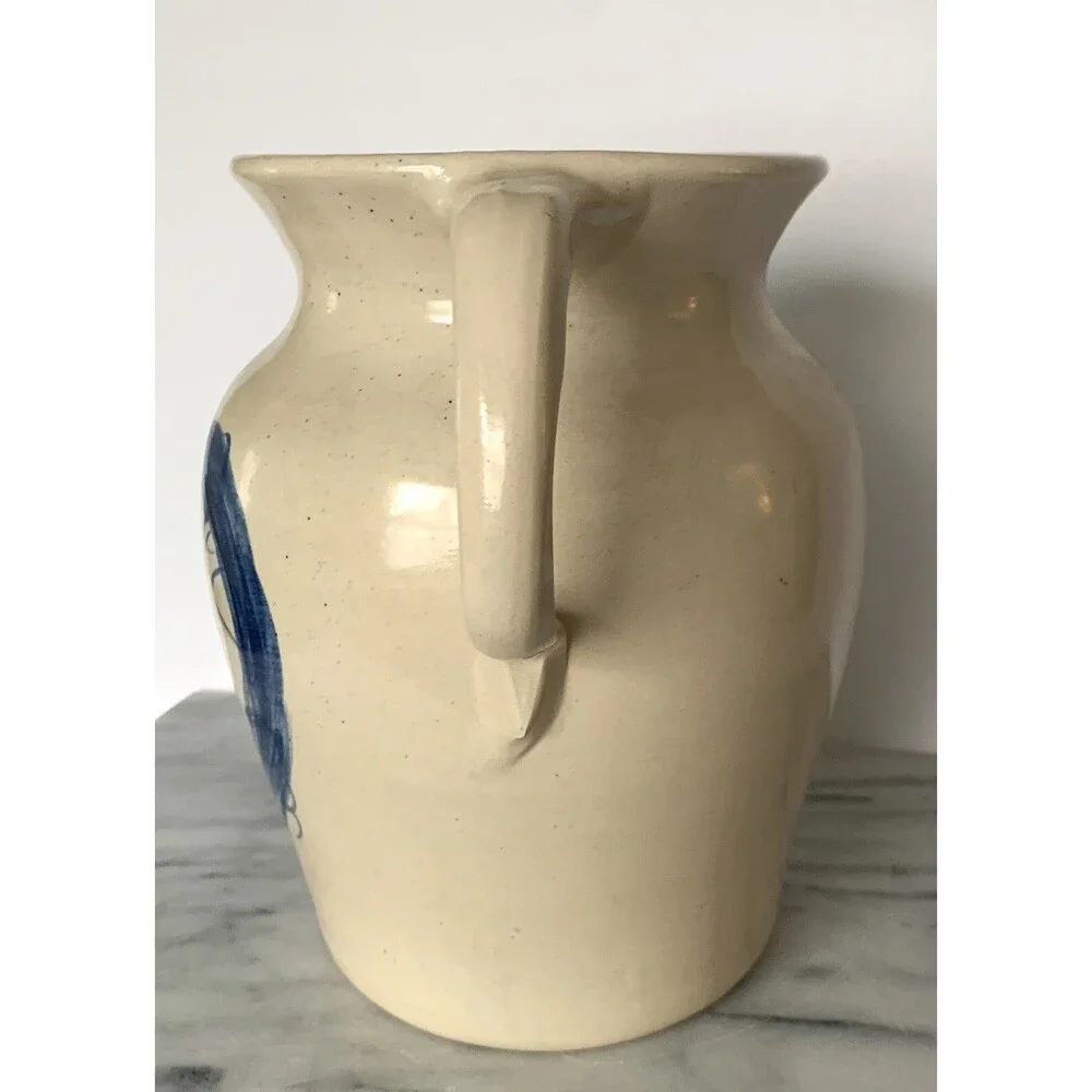 Casey Pottery Stoneware Pitcher w Cobalt Blue Heart Wreath Hand painted Signed